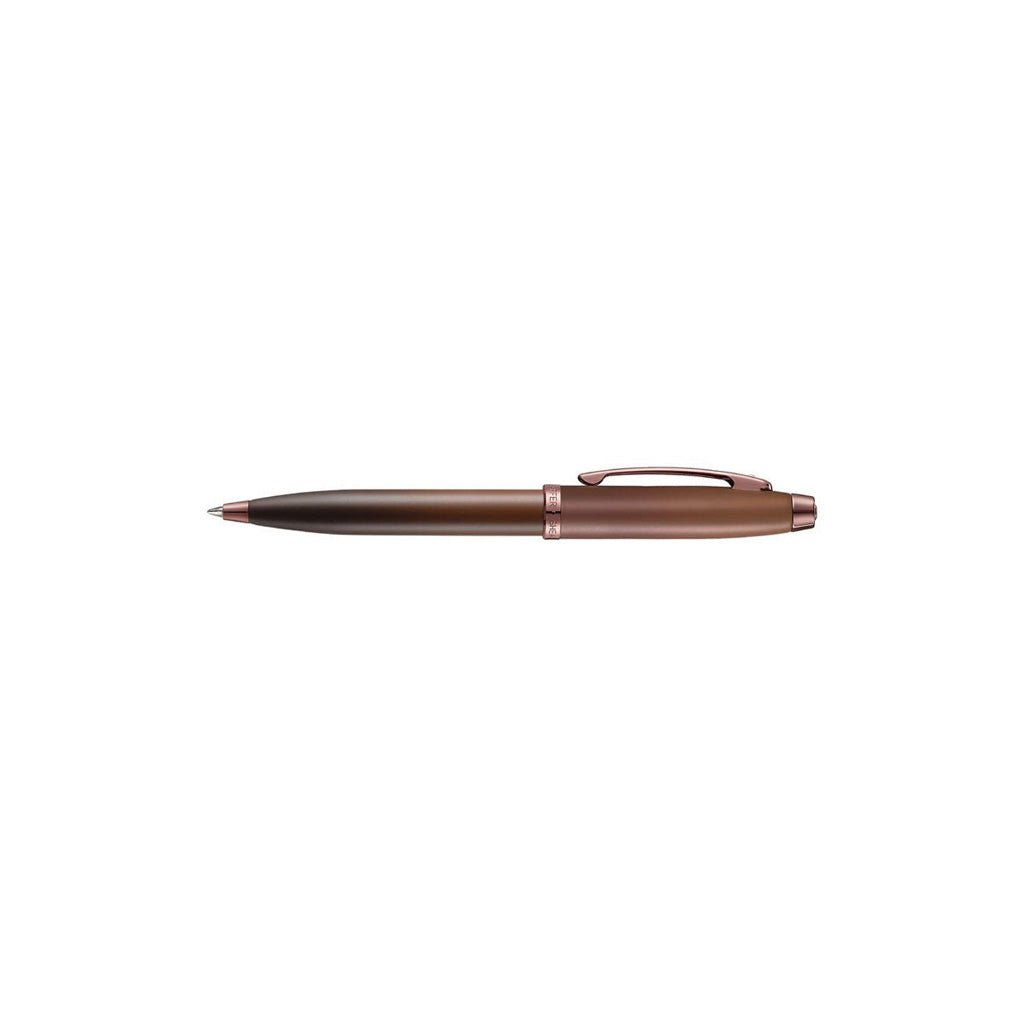 Brown ballpoint pen with rose gold accents on white background