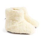 A pair of fuzzy sheep wool slippers in a natural, cream color, shown on a white background.