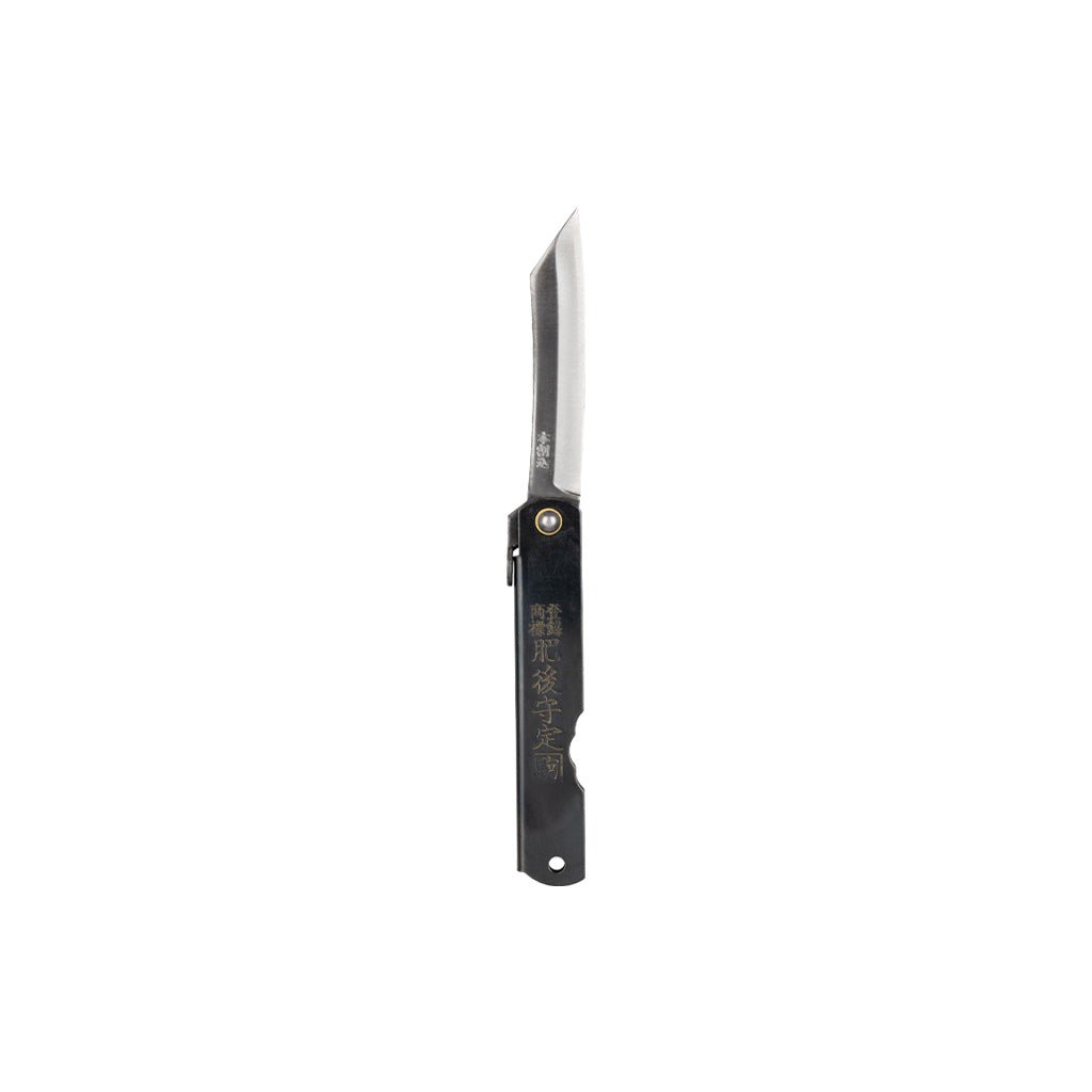 Black SK steel folding knife with a blade extended on a white background