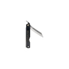Black SK steel folding knife with a blade half folded down on a white background