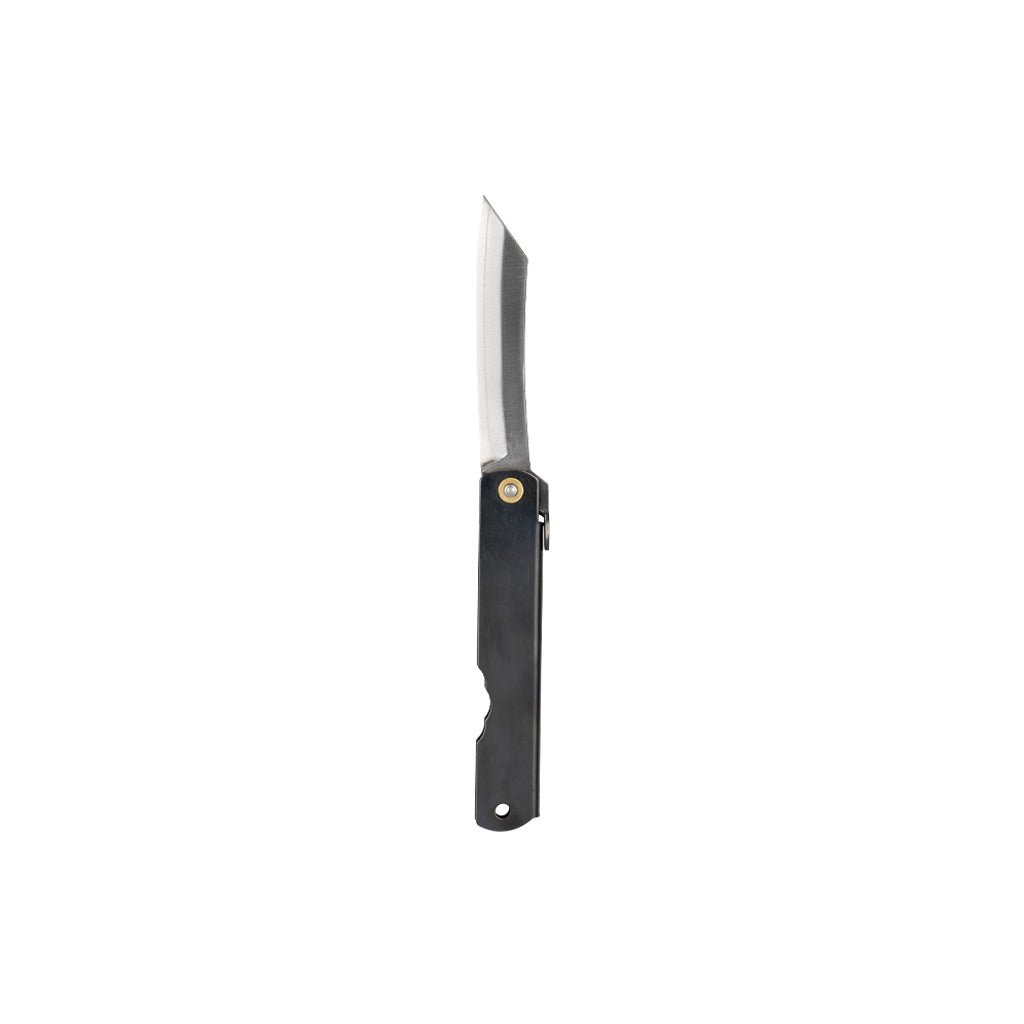 Black SK steel folding knife with a blade extended on a white background