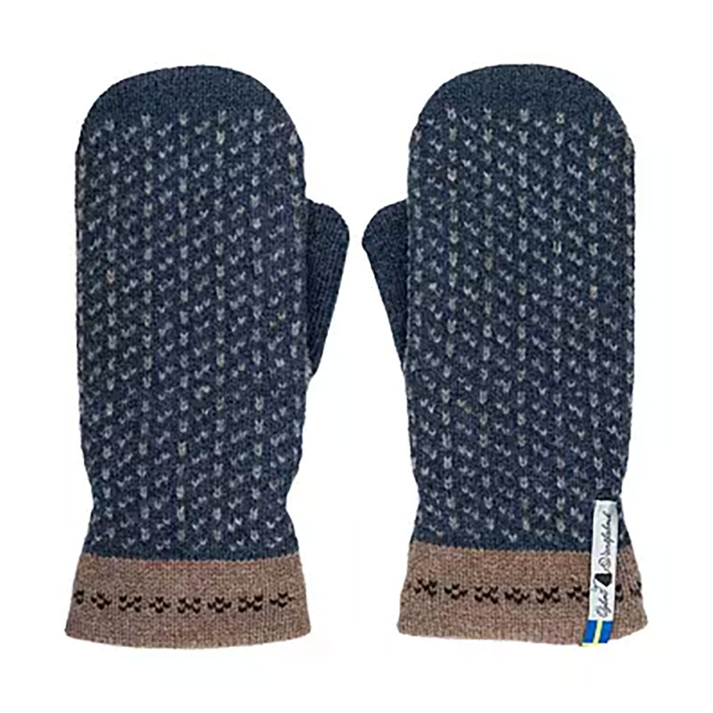 Pair of blue patterned mittens with brown accents on a white background