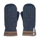 Pair of blue patterned mittens with brown accents on a white background