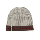 Knitted white beanie with brown band and visible brand tag on a white background