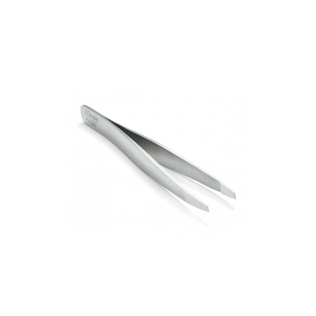 Pair of silver tweezers on a white background