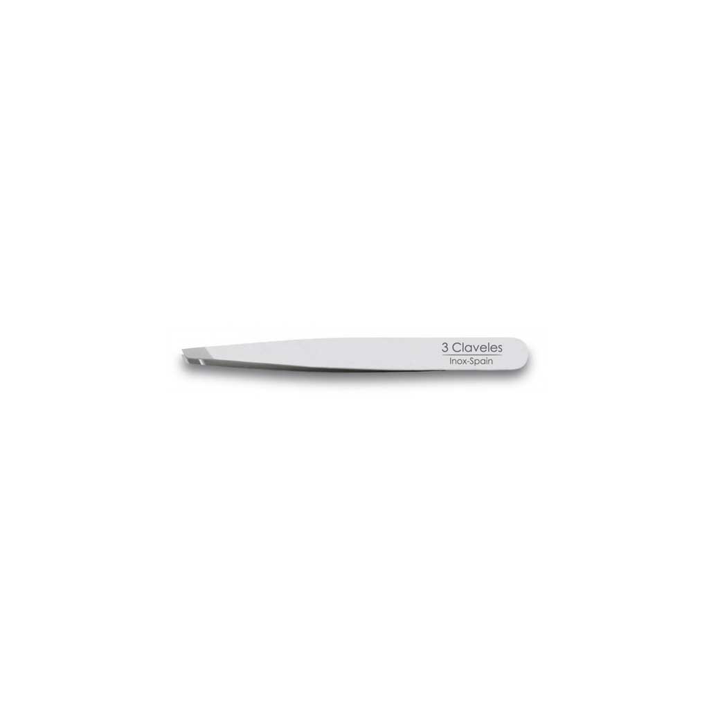 Pair of stainless steel tweezers with 3 Claveles branding on white background