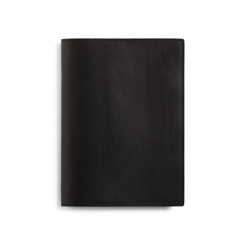Black A5 leather notebook cover on white background