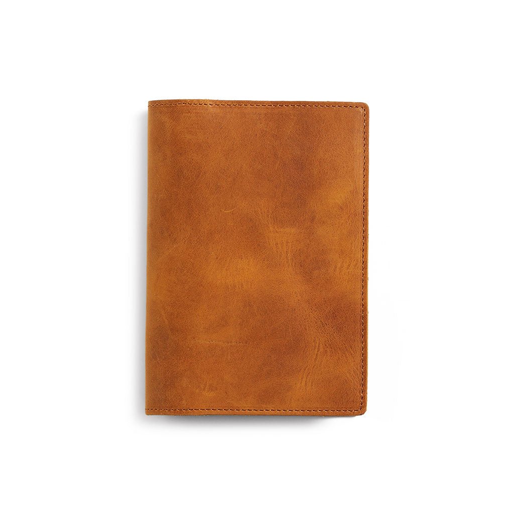 Crazy Horse brown leather A6 notebook cover on white background