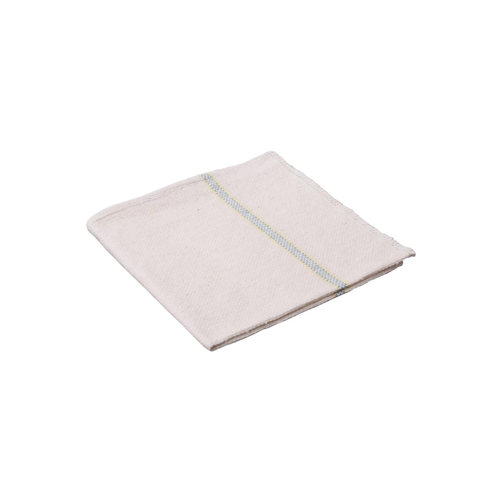 Small cotton kitchen cloth with thin colored stripes folded on white background