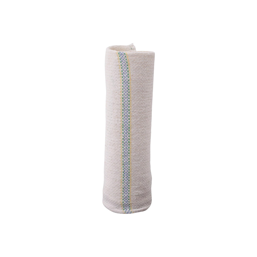 Small cotton kitchen cloth with thin colored stripes rolled up on white background