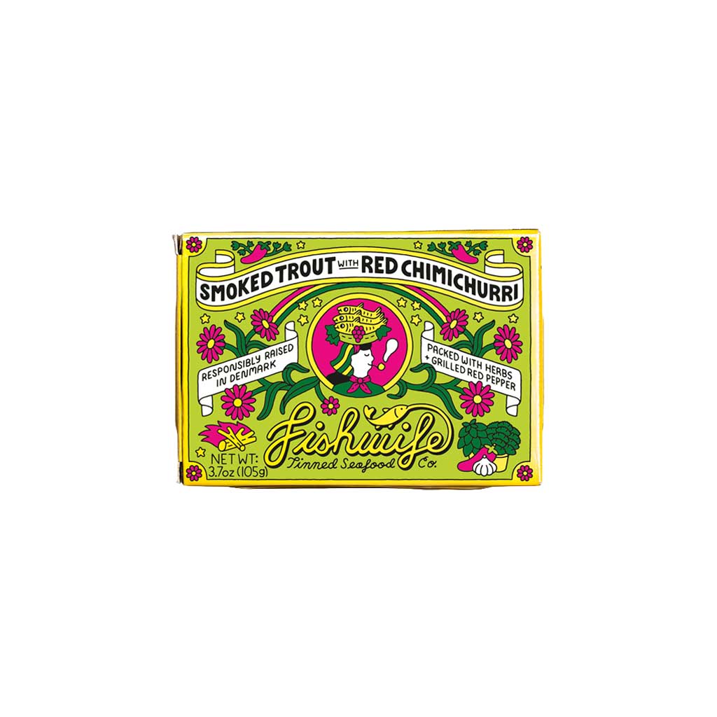 Packaging of tinned Fishwife Smoked Trout with Red Chimichurri on white background