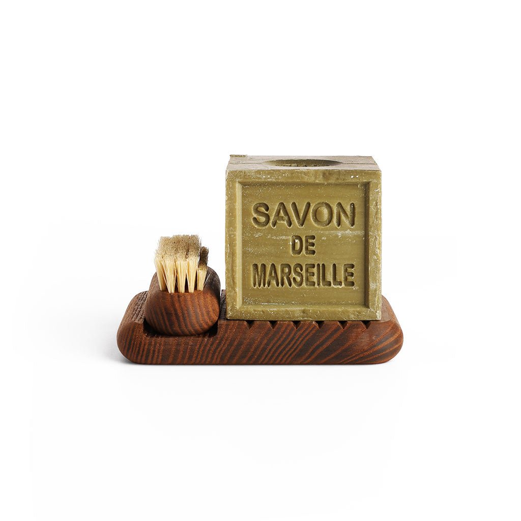 Wooden Soap Dish + Nailbrush Set with a green cube of marseille soap 