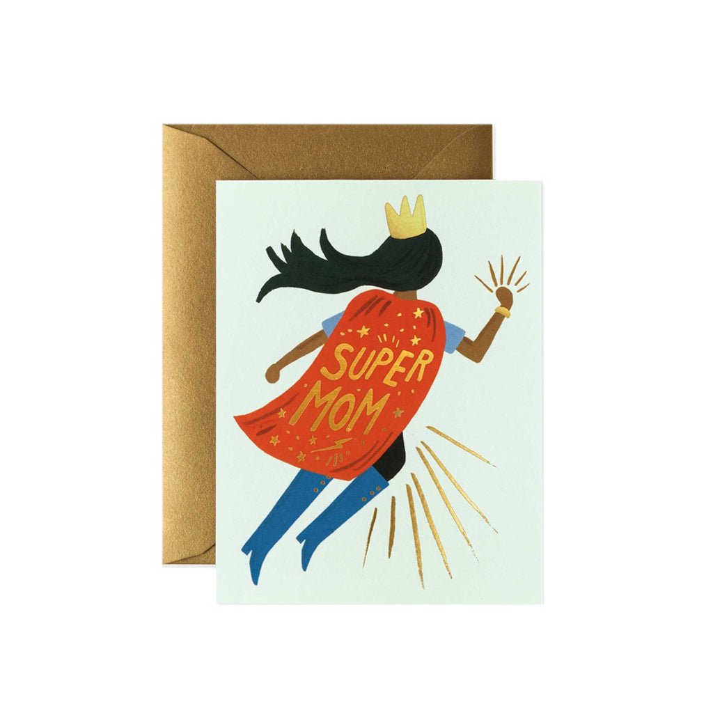 A greeting card with an illustration of a superhero mom wearing a 'SUPER MOM' cape, accompanied by a metallic gold envelope.