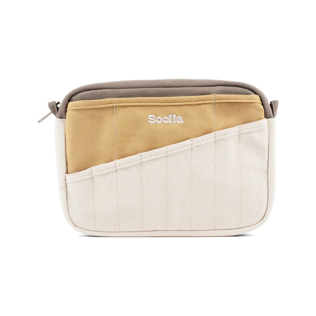 A multi-colored light brown and beige canvas pouch on white background.