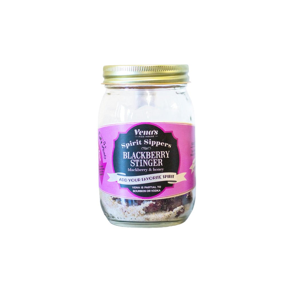 Jar of 'Blackberry Stinger' with a pink label on a white background