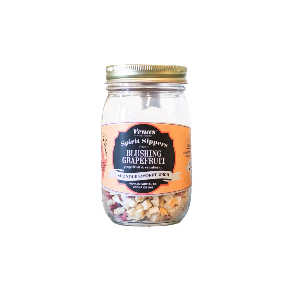 Jar of 'Blushing Grapefruit' Vena Spirit Sippers on a white background