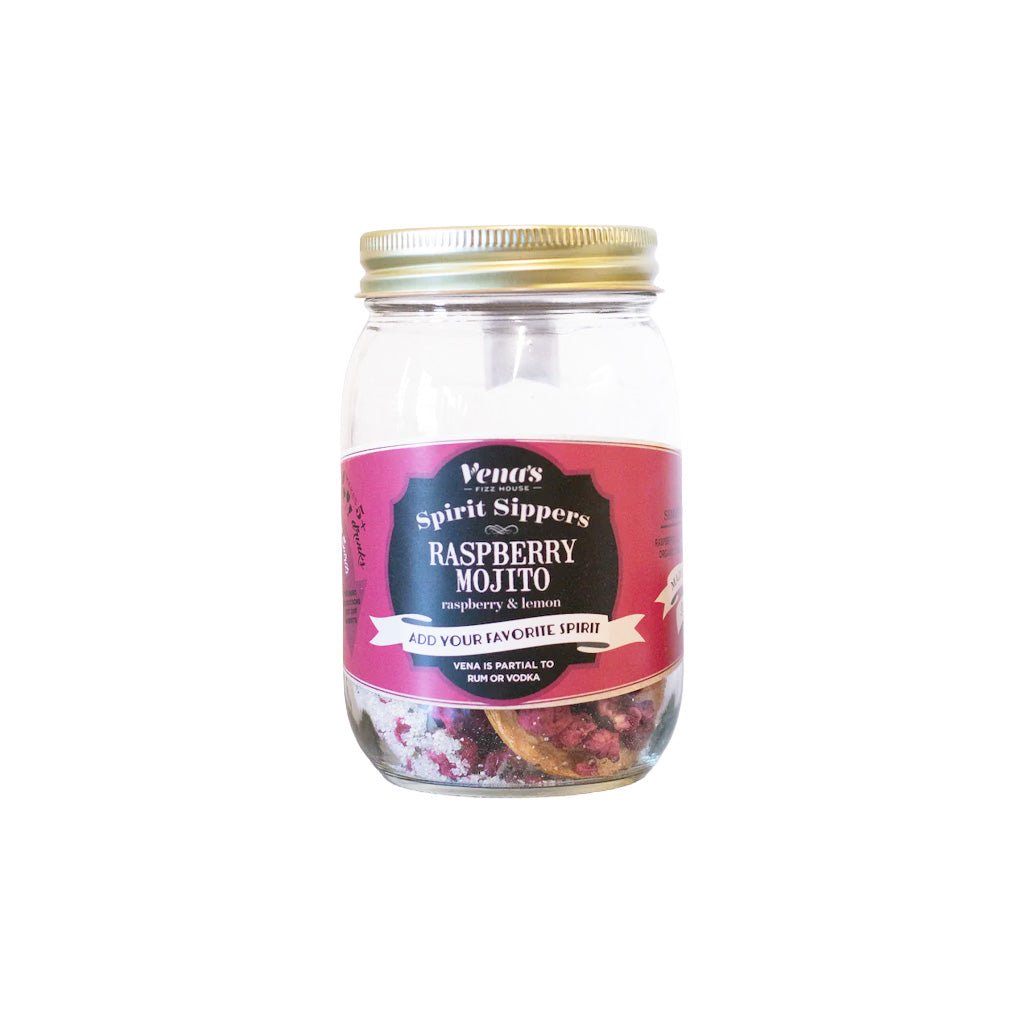 Jar of Vena's Spirit Sippers Raspberry Mojito on a white background