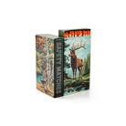 A box of safety matches with a forest illustration featuring a deer and birch trees. The box is open, showing orange tips of the matches, and the words 'SAFETY MATCHES' are printed vertically on the side.