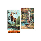 Two rectangular decorative matchboxes with woodland illustrations, shown side by side on a plain white background. The left matchbox features a brown elk standing near water, and the right matchbox shows autumn trees and two pheasants.