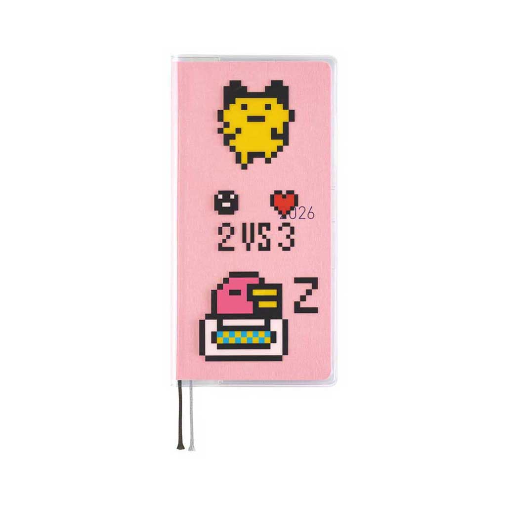 Clear cover with pixelated Tamagotchi character design on light pink 2026 Hobonichi Techo Weeks on white background