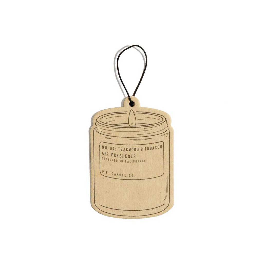Air freshener tag with 'Teakwood & Tobacco' scent on a white background
