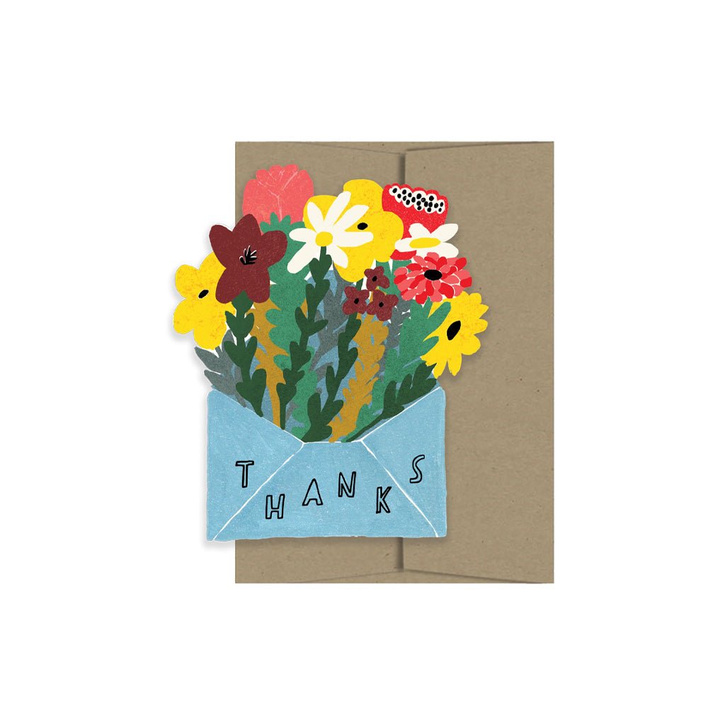 Bouquet of flower thank you card with kraft envelope on white background