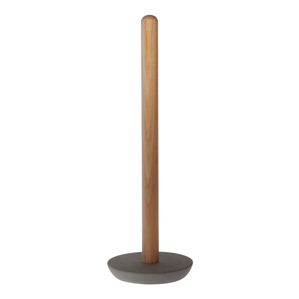 A toilet paper roll holder with a wooden dowel and concrete holder on white background