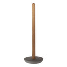 A toilet paper roll holder with a wooden dowel and concrete holder on white background