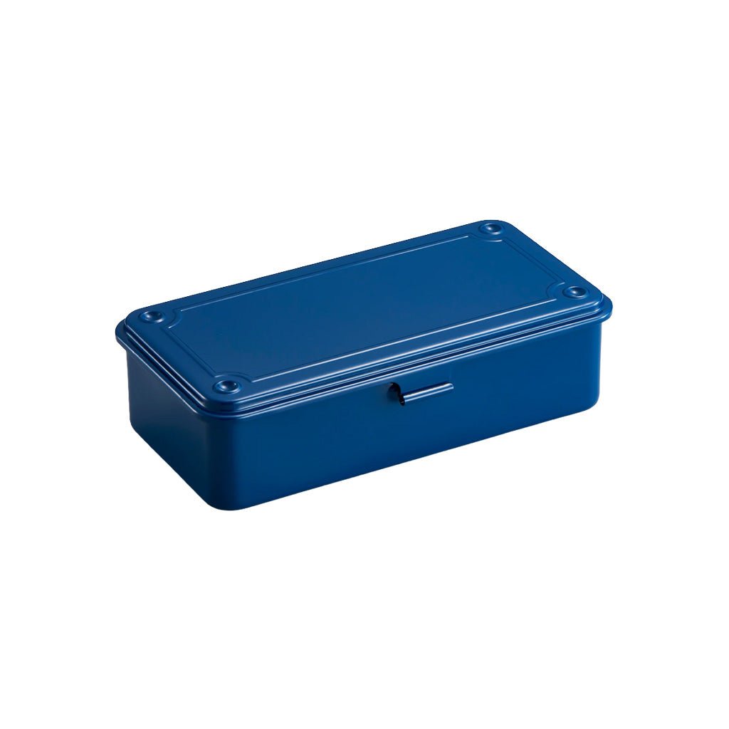 Navy indigo blue small steel toolbox on white background