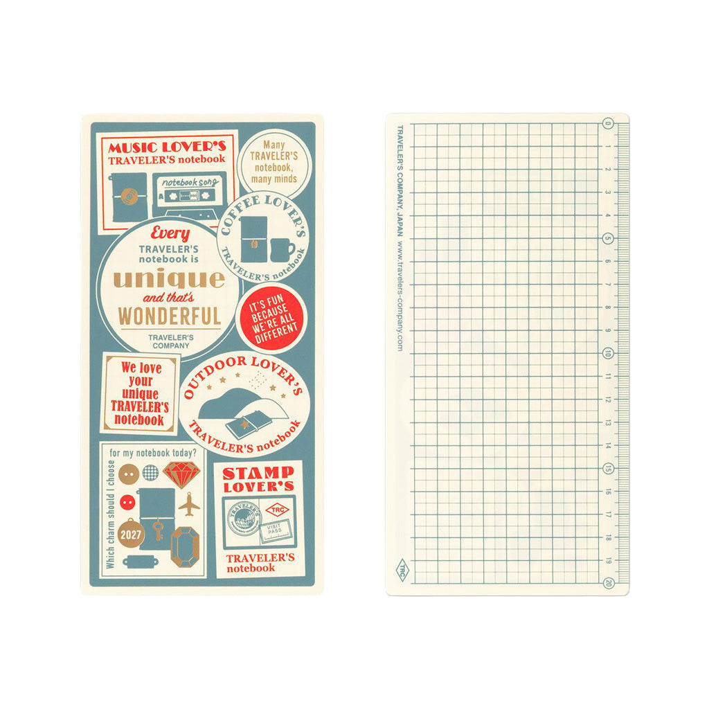 Front and back of Traveler's Notebook plastic sheet board with colorful designs for 2027 diary theme and gridded back on white background