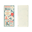 Front and back of Traveler's Notebook plastic sheet board with colorful designs for 2027 diary theme and gridded back on white background