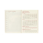 An open Japanese travel planner showing a conversion chart, temperature scale, body temperature chart, and numbered travel plan boxes on cream-colored pages.