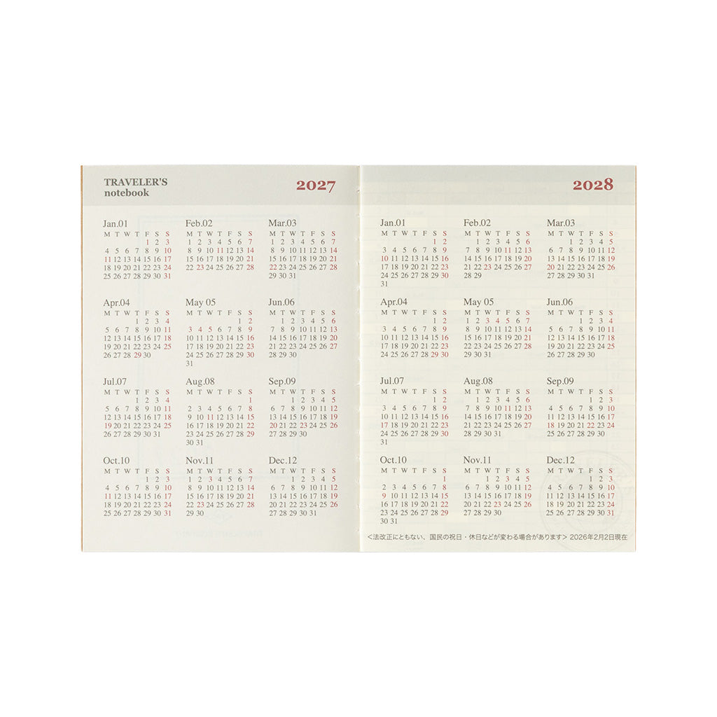 A two-page calendar spread showing January 2027 through December 2028.