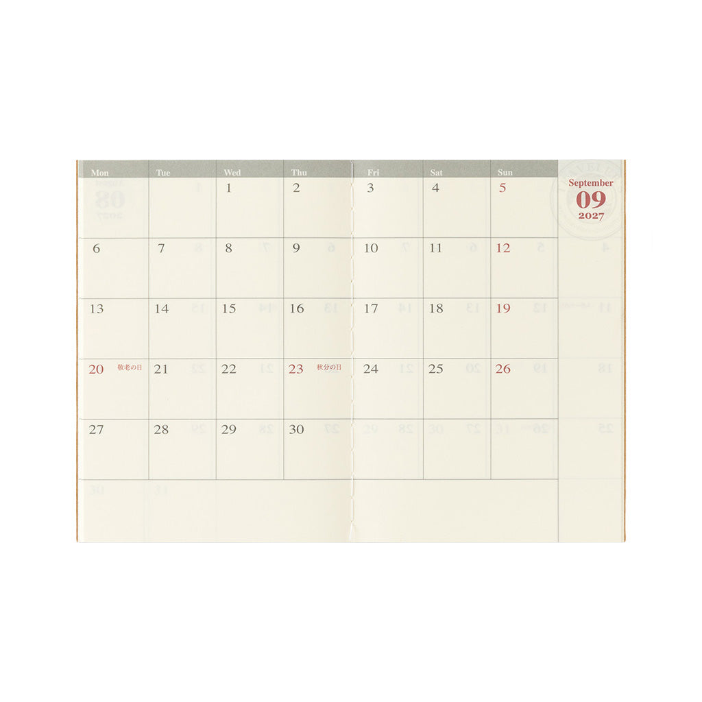 A monthly calendar spread for September 2027 with grid layout.
