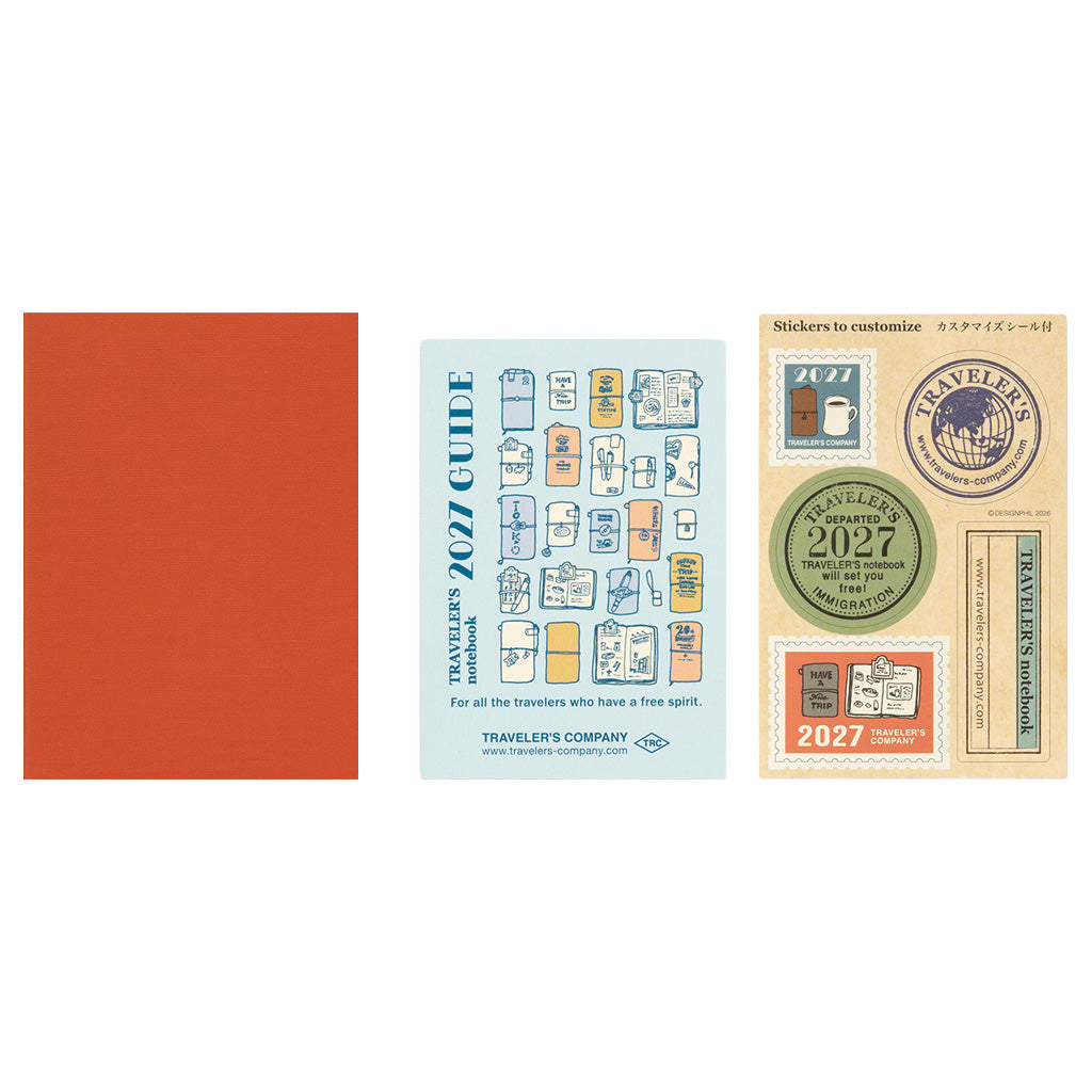 A red Traveler's Passport Notebook refill next to 2027 Diary guide on white background