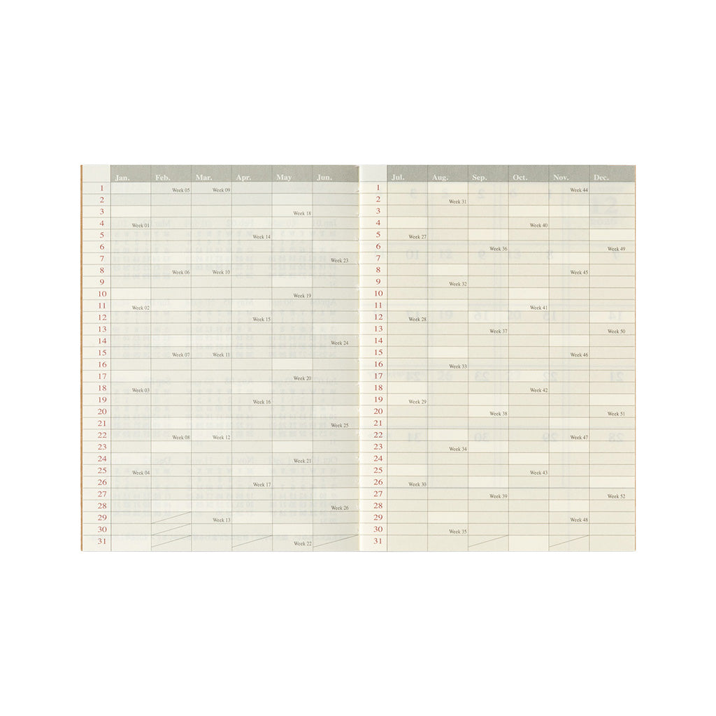 A two-page weekly planner spread with a grid layout, featuring columns for each month of the year and numbered days on the left column.