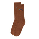 Pair of brown crew socks with a turtle on the ankle