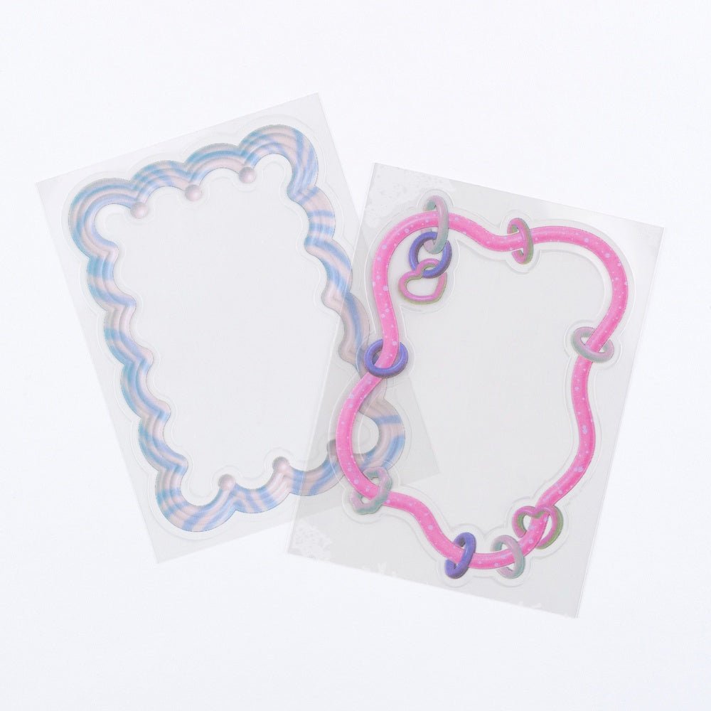 Two pastel decorative stickers with playful designs on a white background