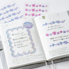 Open Hobonichi planner with decorative stickers and Japanese text on a white background