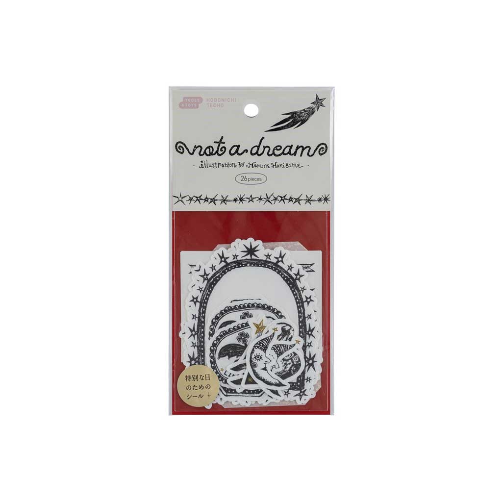 Packaged set of Hobonichi not a dream black and white stickers on white background