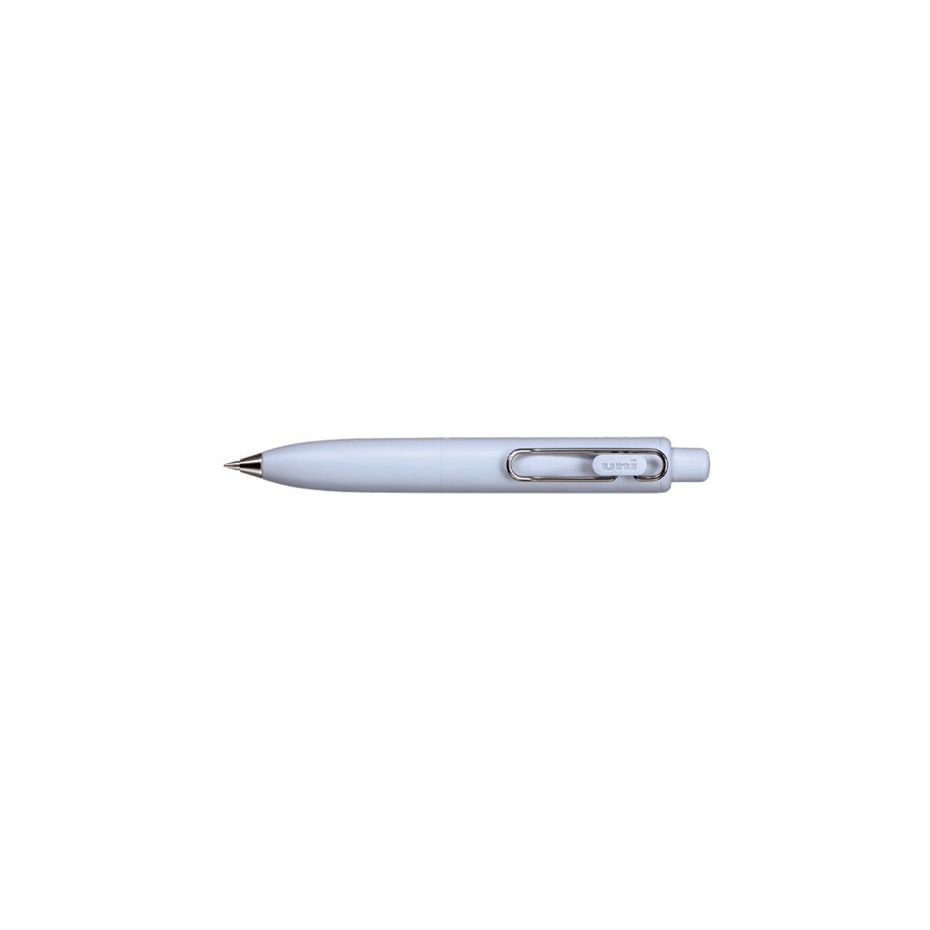 Light soda blue uniball one p gel pen with wire pen clip on white background