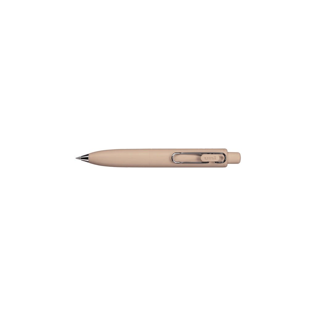 Coffee brown uniball one p gel pen with wire pen clip on white background