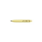 Yellow uniball one p gel pen with wire pen clip on white background