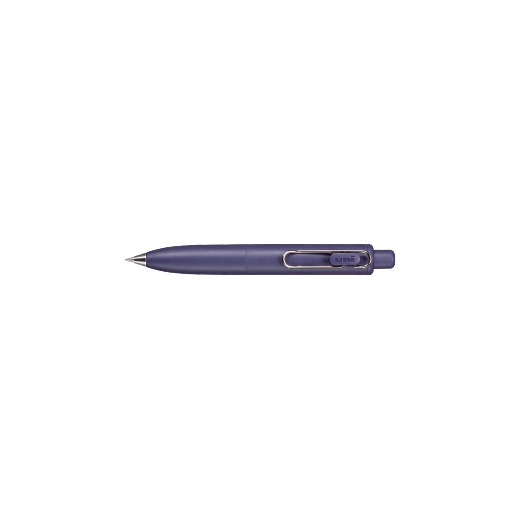 Dark blue uniball one p gel pen with wire pen clip on white background