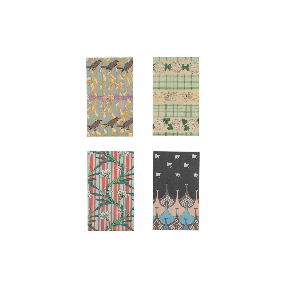 Set of four Hobonichi Unsodo mini paper envelopes with traditional Japanese woodblock print designs on white background