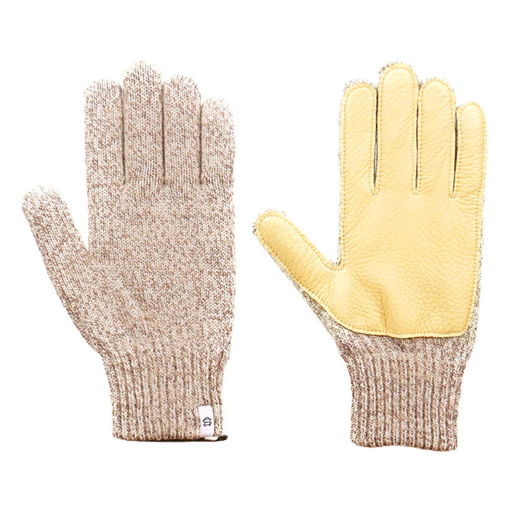 Ragg Wool and Natural Deerskin Gloves Oatmeal Melange + Natural Leather Small  at Boston General Store