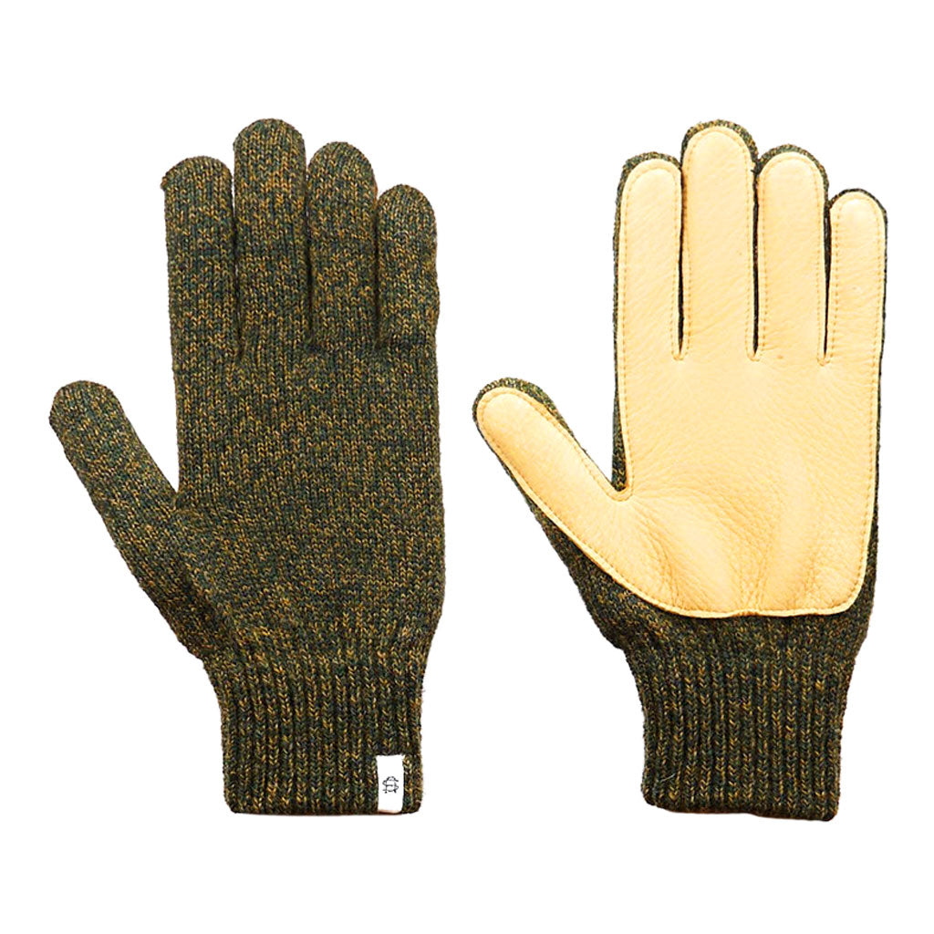 Ragg Wool and Natural Deerskin Gloves Olive Melange + Natural Leather Small  at Boston General Store