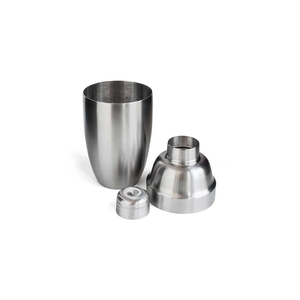 Matte finish of stainless steel heavyweight Usagi shaker taken apart into three pieces on white background