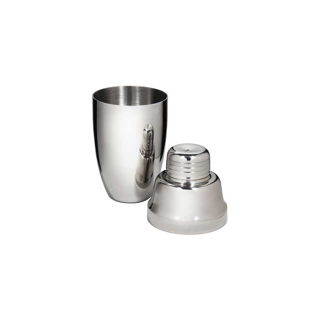 Mirror finish of stainless steel heavyweight Usagi shaker with cap taken off on white background