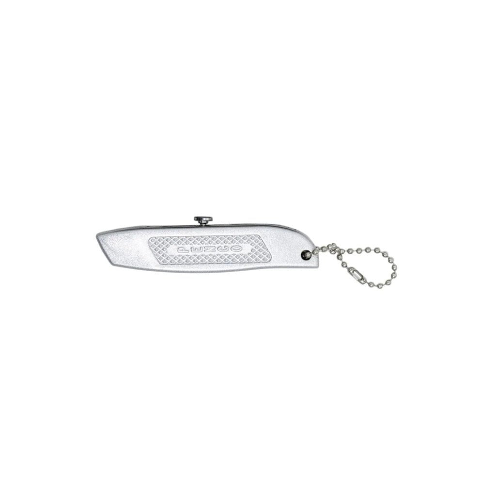 Silver steel mini utility knife with silver hardware on white background